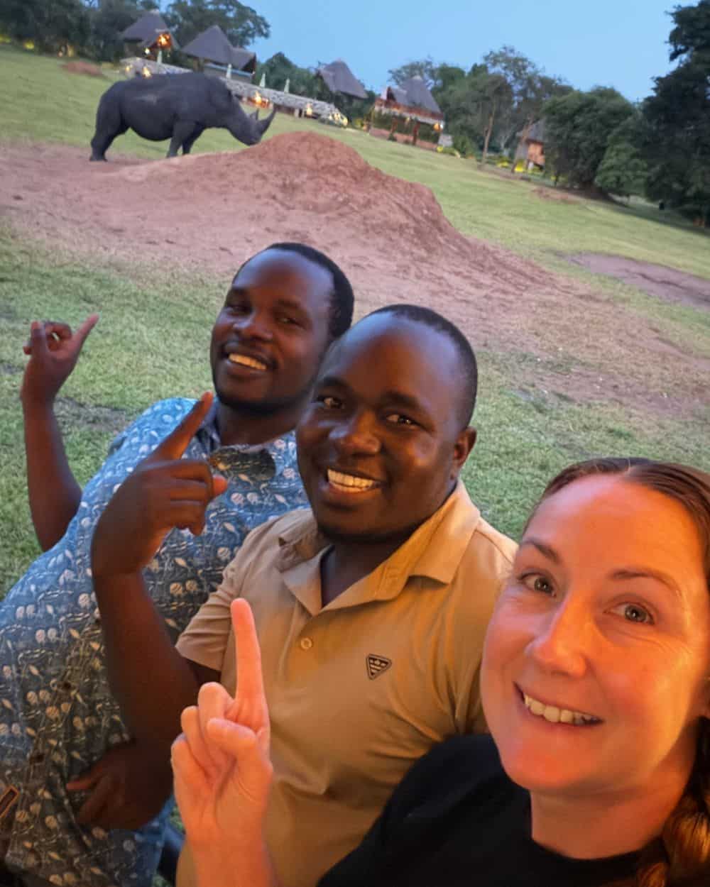 Rock My Adventure group watching a giraffe in Lake Mburo National Park, Uganda