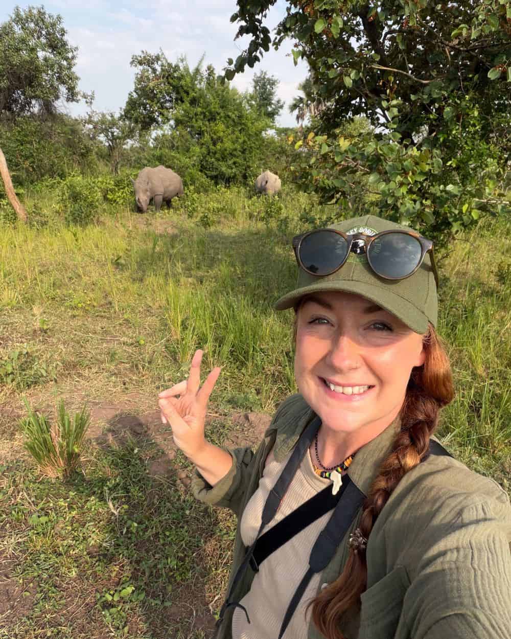 Rock My Adventure group watching a giraffe in Lake Mburo National Park, Uganda